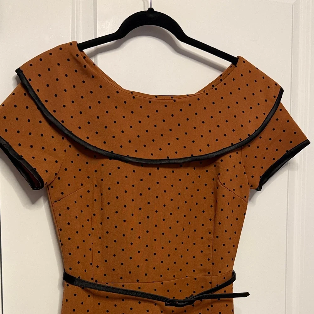 Tatyana Rust Polka Dot Midi Dress with Black Trim - Picture 2 of 6